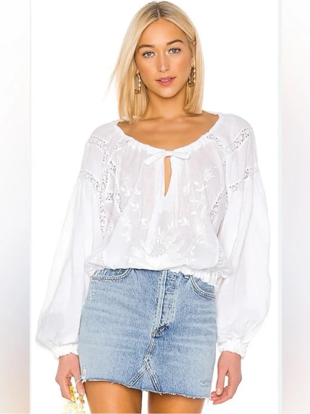 Free People Maria Maria Embroidered Lace Long Sleeve Blouse Large White Boho